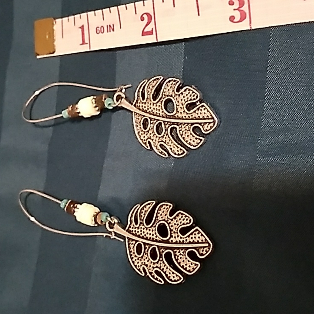 Silver Metal leaf shaped earrings with beads